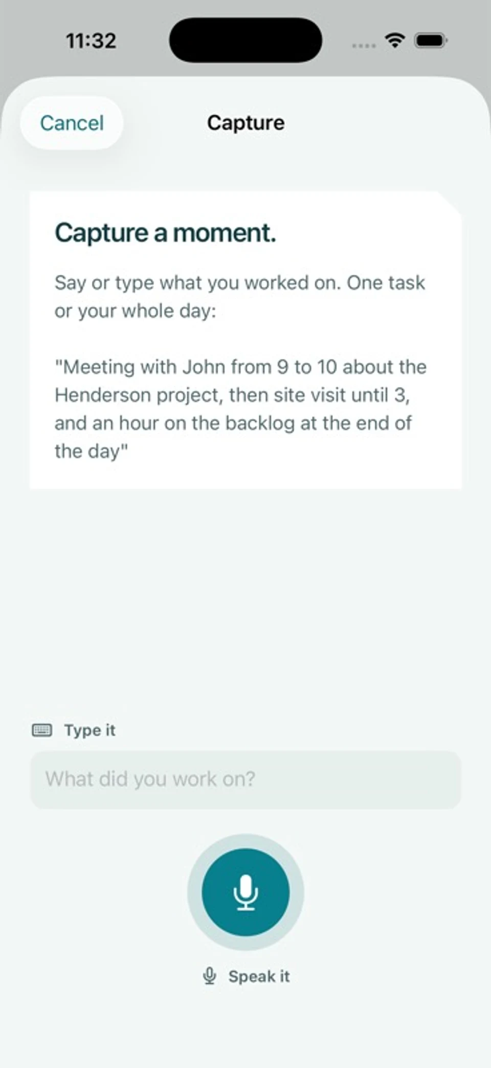 Worktold Capture screen offering voice recording and typed input