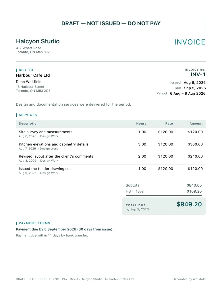 Sample Worktold invoice showing line items, subtotal, tax, and total